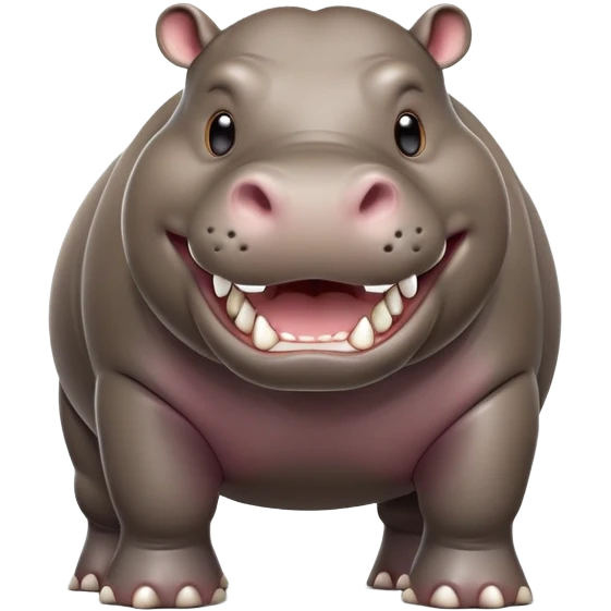 cinematic-hippo-realistic-full-body-side-view-standing-on-all-fours-emoji,-massive-round-frame,-wide-mouthed-grin-exposing-huge-teeth,-head-tilted-dramatically,-thick-greyish-brown-hide-glossy emoji
