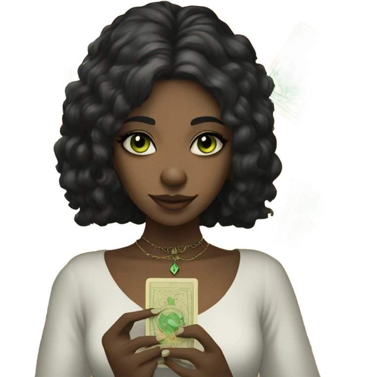 Girl with green eyes black hair and nose ring piercing with taro cards emoji