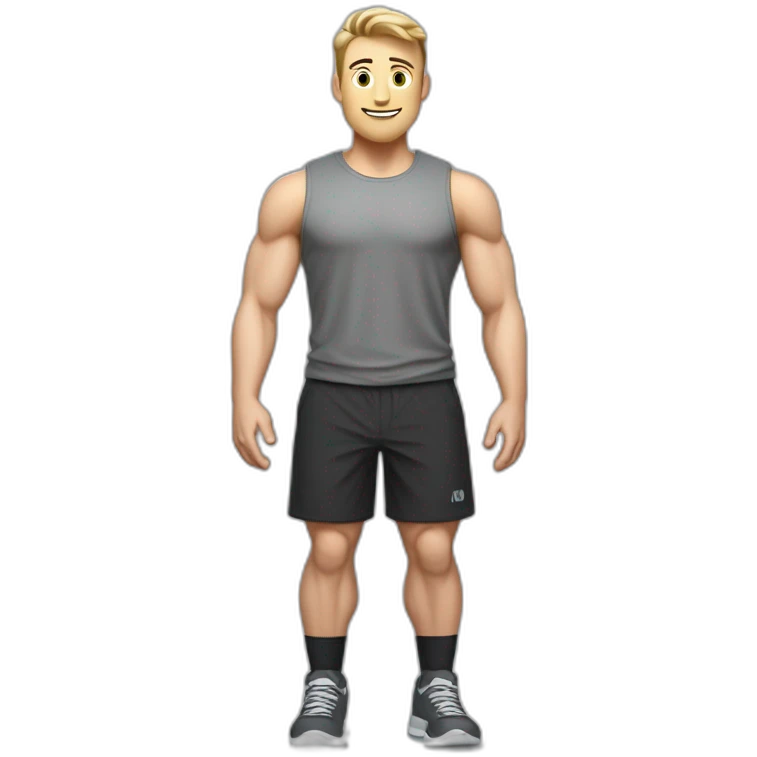 Full height Actively gesturing with hands Pale skinned Fit Man With the biceps and light brown hair with Bristle in dark gray Sleeveless Mike, black oversize sports shorts and white Sneakers emoji