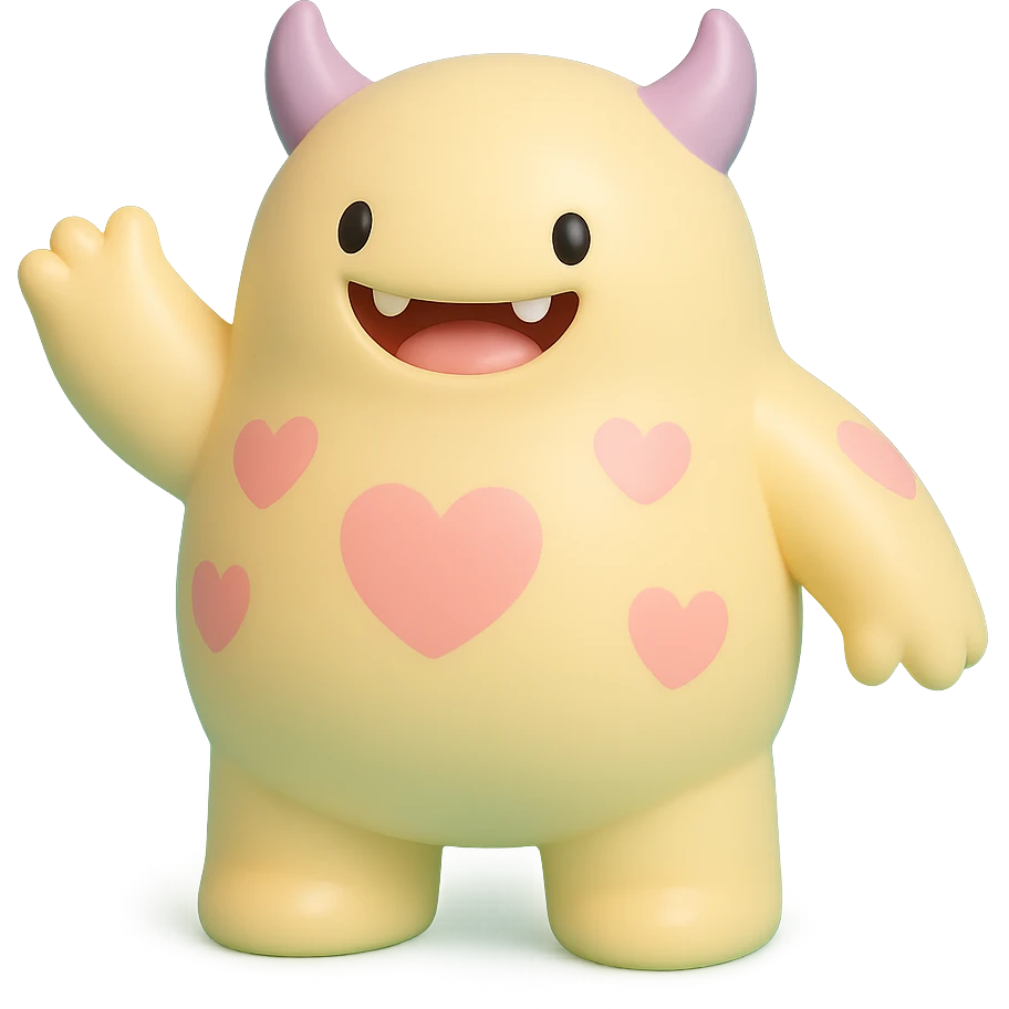 chubby monster with heart-shaped spots, smiling, playful pose emoji