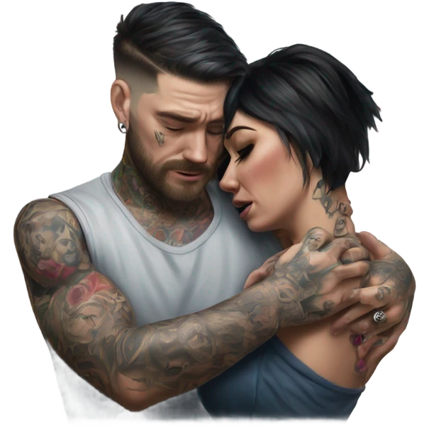 Hyper Realistic Beautiful tattooed woman crying in the arms of a handsome tattooed man  emoji