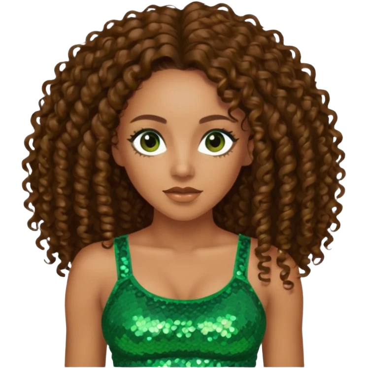 Melanie Brown with long brown curly hair, green sequin crop top, dark brown eye emoji