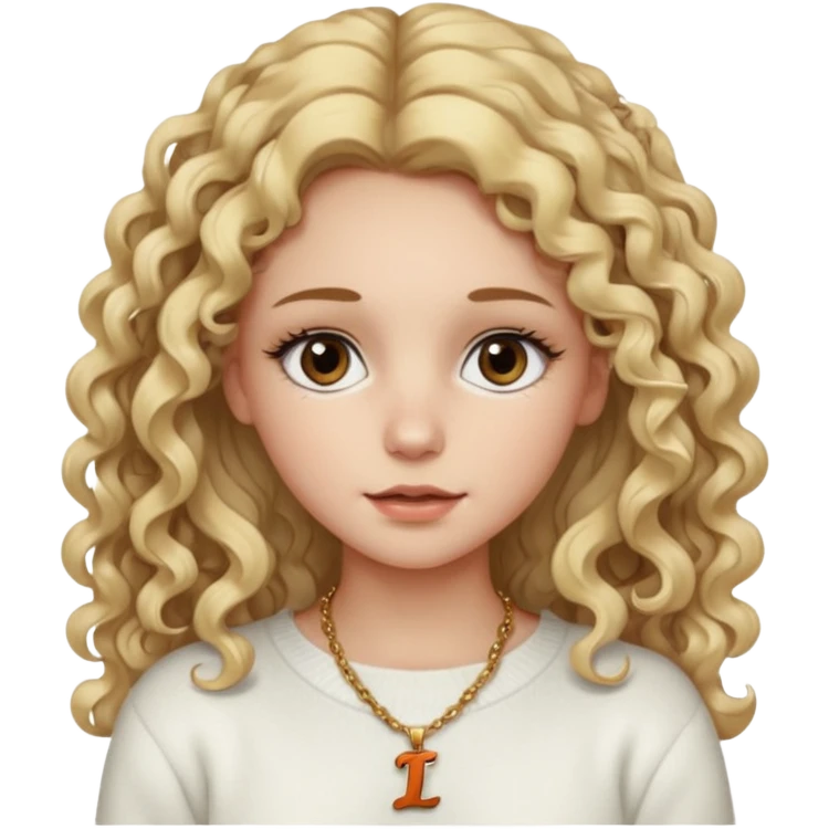 a dirty blonde girl with brown eyes and make her wearing a white sweater and a smallnecklace with I intial with really long curly hair and white skin color, long hair and really big lashes emoji