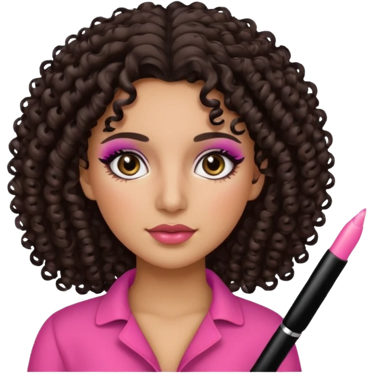 Chica morena pero rizado ojos oscuros, con rubor e iluminador y pestañas  emoji