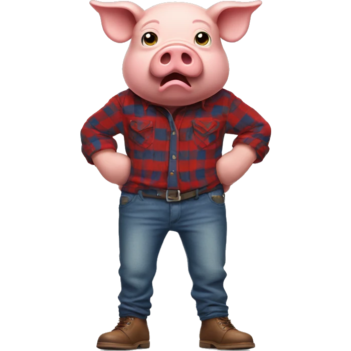 An angry humanoid pig wearing a red long sleeved flannel with blue jeans and brown shoes emoji