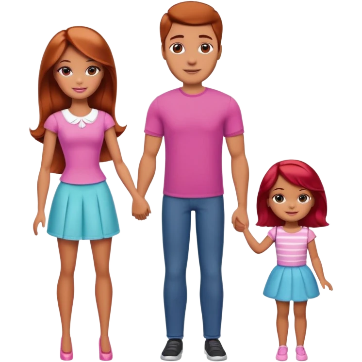 A barbie girl with makeup with brown hair with a child, a daughter, a girl with red hair, holding her hand in  and a husband, a man with brown hair, a family emoji