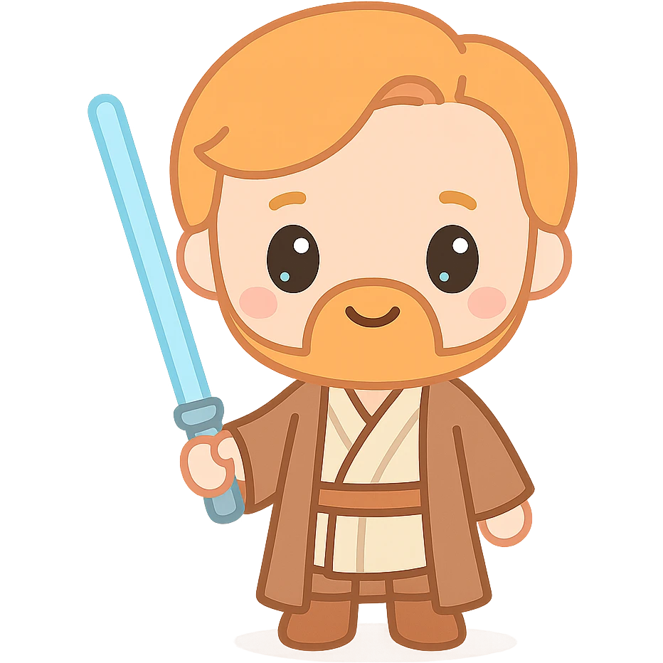 Obi-Wan Kenobi chibi style, oversized head, small body, holding blue lightsaber, Star Wars, plain background emoji