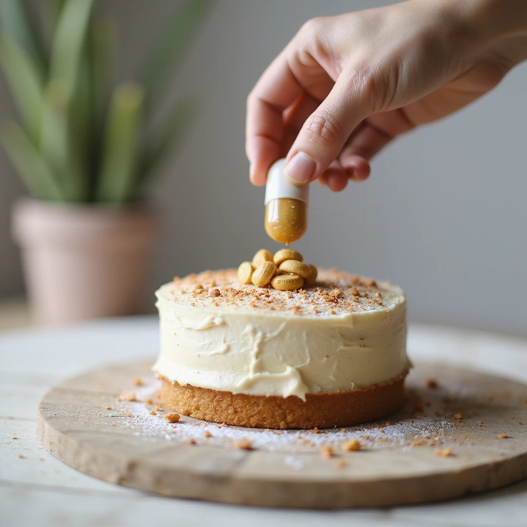 realistic concept of integration as the final touch, hand adding a supplement capsule on a decorated cake, expression of satisfaction, creative details, bright home environment emoji