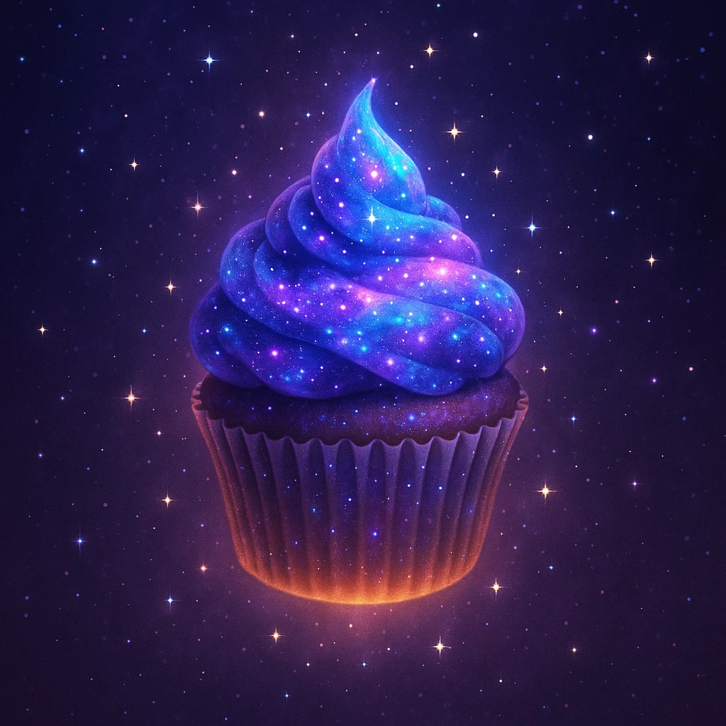 cupcake with galaxy icing, floating and glowing, surrounded by tiny stars, magical fantasy vibe emoji