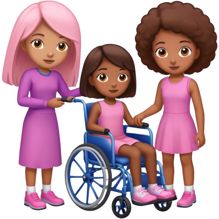 One tan skin sister standing behind her brown skin sister in a pink wheelchair emoji