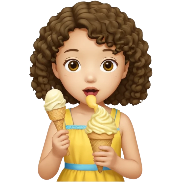 a little asian girl kid with curly hair, yellow dress, eat ice cream emoji