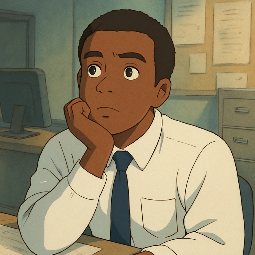 Black office employee, white shirt, thinking emoji