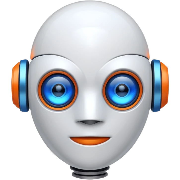"Cartoon-style robot head with glowing blue eyes, white shell, orange-tipped arms, and blue gradient background" emoji