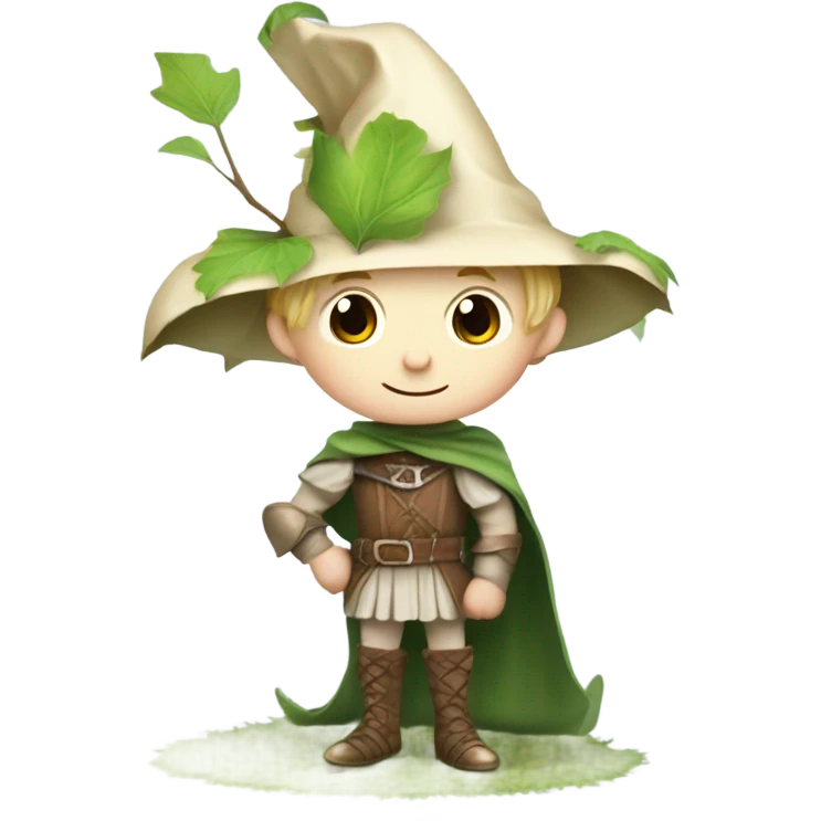 whimsical fairytale medieval pale boy who is tiny and wearing a giant leaf hat and big boots emoji