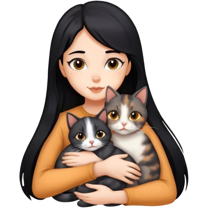 girl with black hair hugging three cats  (tortie cat, gray cat, brown calico cat) emoji