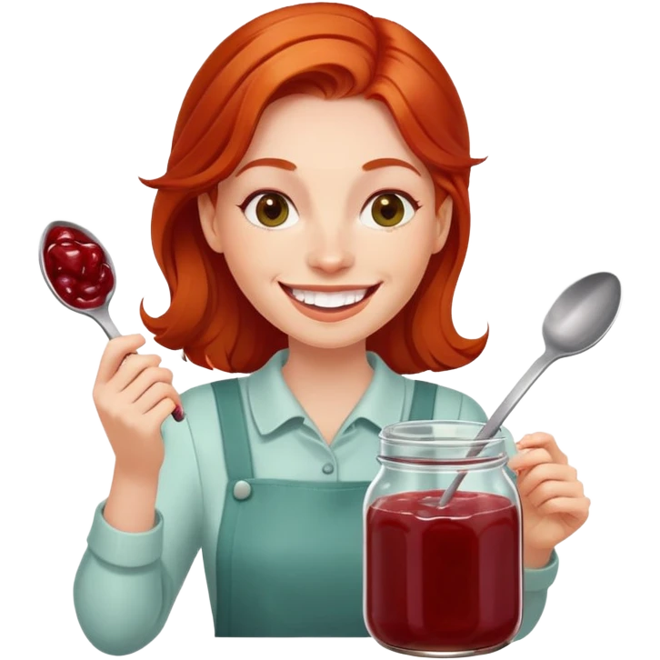 redhead woman with big smile taking some jam with a spoon from glass jar emoji