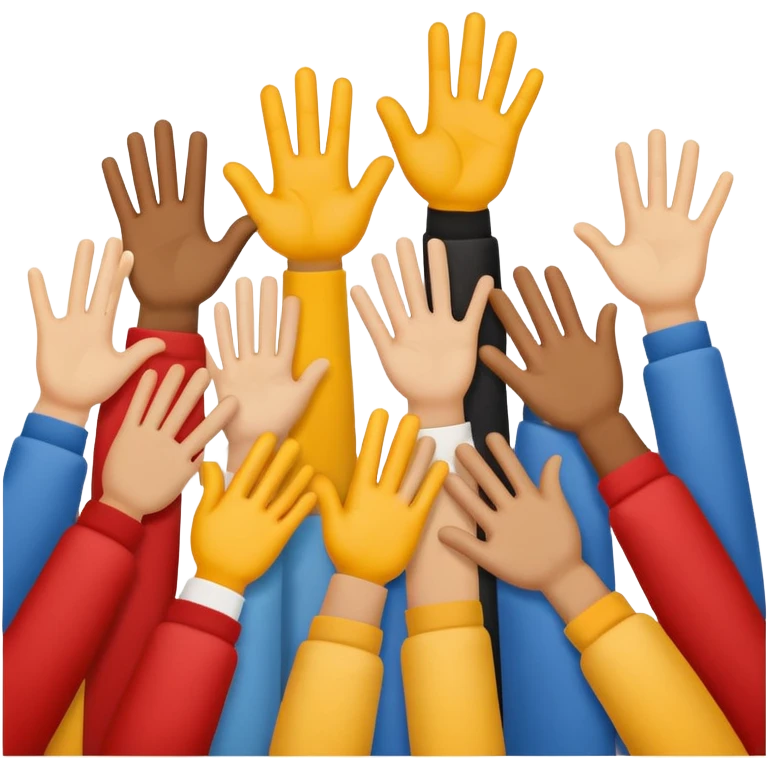 Emoji-style icon showing several diverse hands high-five together, symbolizing unity and team spirit. Flat minimal Apple-style emoji, bright colors, white background, soft shadows. emoji