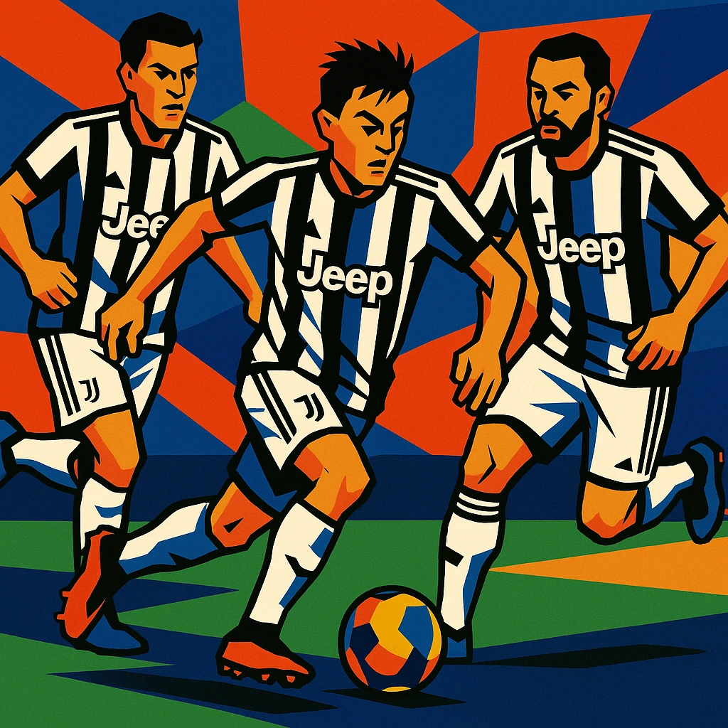 Juventus players in action during a match, dynamic and energetic emoji
