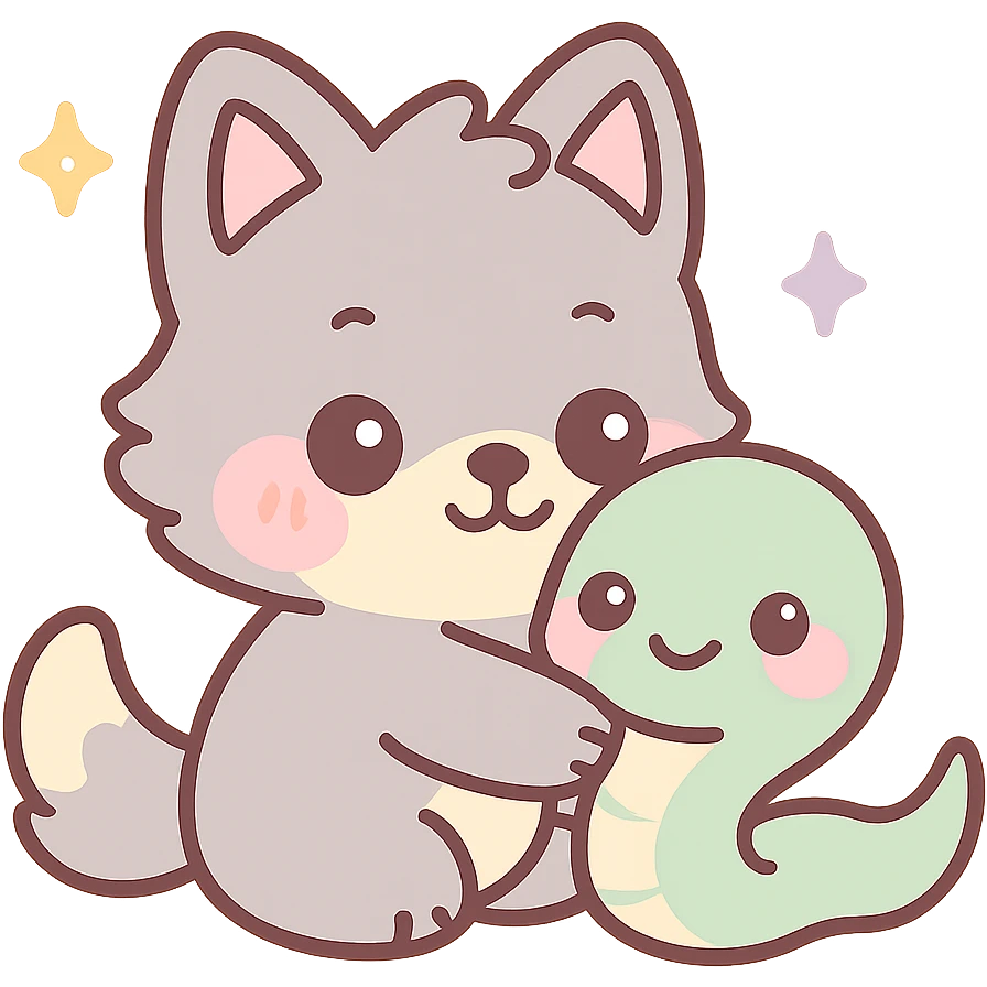 kawaii wolf hugging a kawaii snake, chibi style, blushing cheeks, sparkles emoji