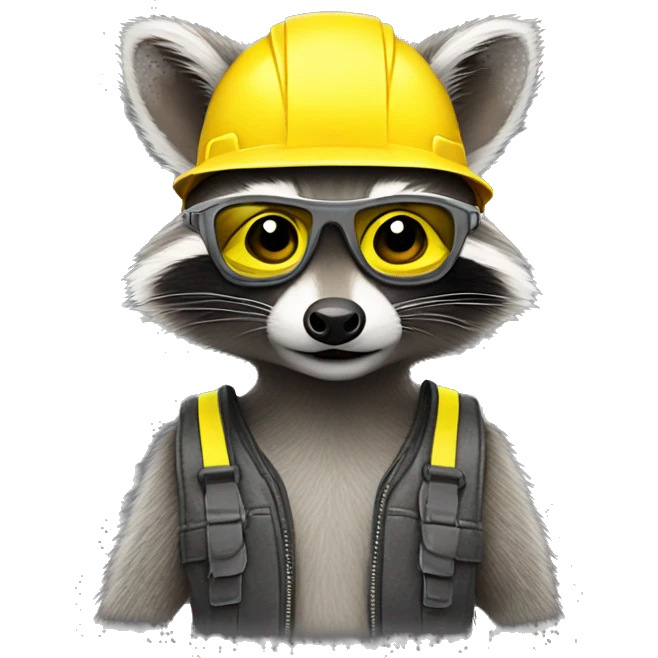 gray raccoon with yellow helmet, safety glasses and ear protectors emoji