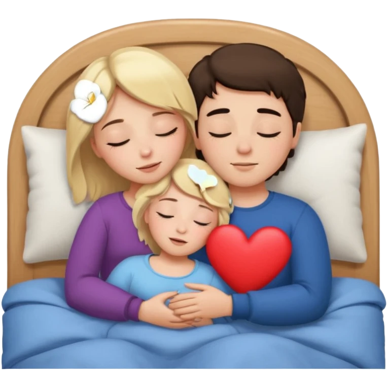 cuddling in bed, asleep. blonde girl. brunette boy. eyes closed. heart between them. emoji