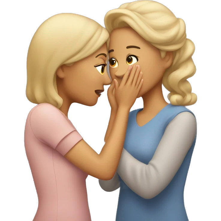 One woman whispers into the ear of another woman closing by hand emoji