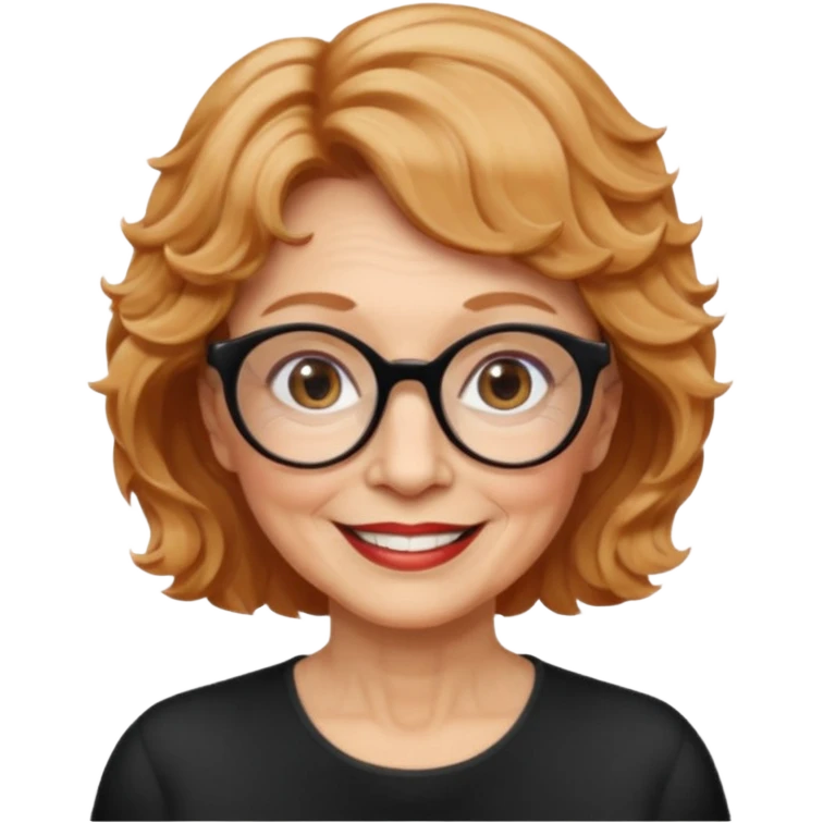 woman 70 years old, very short strawberry blonde weavy hair, brown eyes and round dark glasses smile emoji