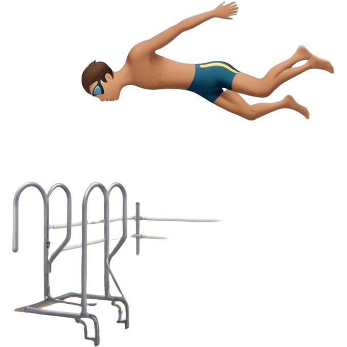 A diver mid-air after jumping off a head diving pool,  Below him, a pool labeled "Confidence". A subtle 5-4-3-2-1 on the diving board shows they took the leap despite fear. emoji