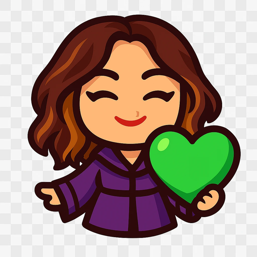 Create a chibi emote of the woman in the first reference image, in the style of the second reference image, holding a green love heart emoji