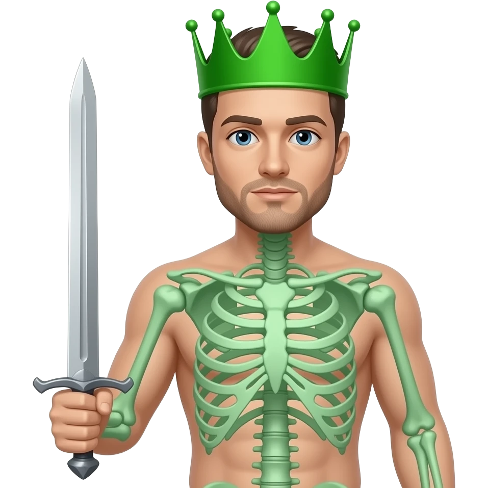 A man with a transparent torso that show green bones and he. Has a green crown and sword emoji