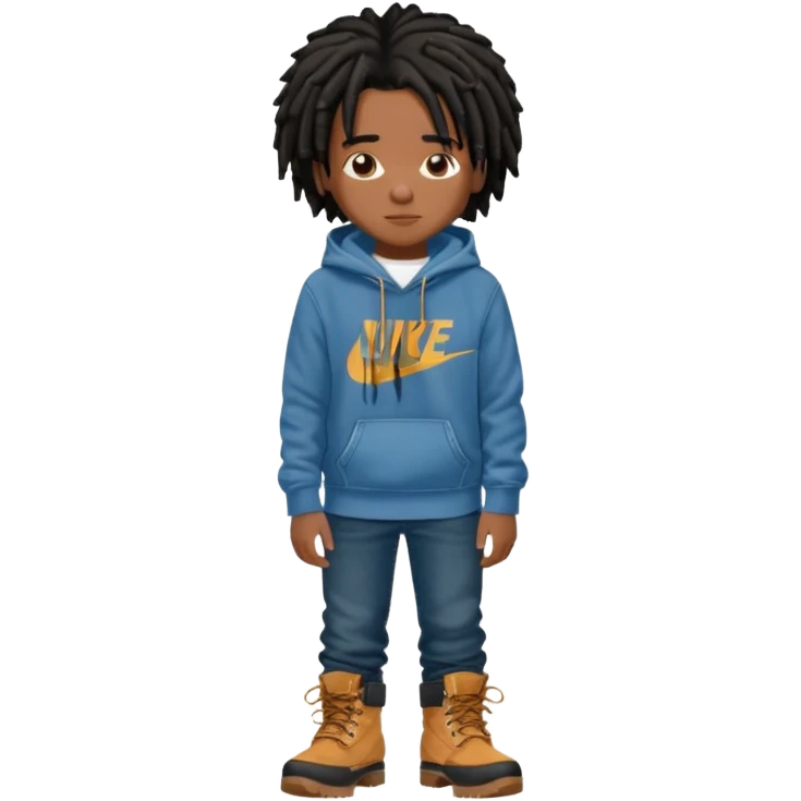 African American boy with short black dreadlocks wearing a Nike hoodie wearing denim skinny jeans and timberland boots with his hands folded across chest emoji