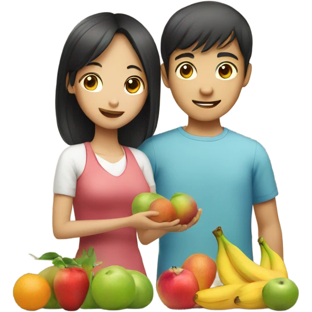 Asian girl giving fruits, man with blue eyes emoji
