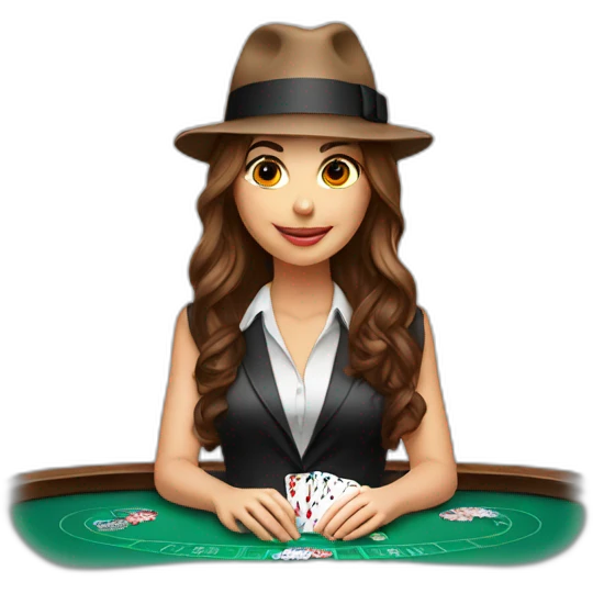 female with brown wavy hair playing poker with a poker dealer hat emoji