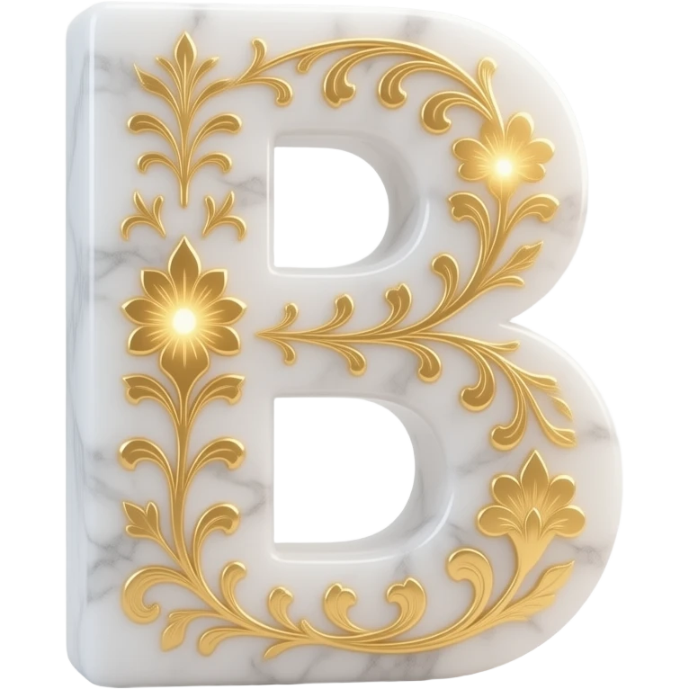 A 3D letter 'B' crafted from polished white marble with intricate gold leaf arabesque floral patterns etched into its surface. The patterns glow with a soft internal light. Professional studio lighting, elegant and sophisticated, centered on a white background emoji