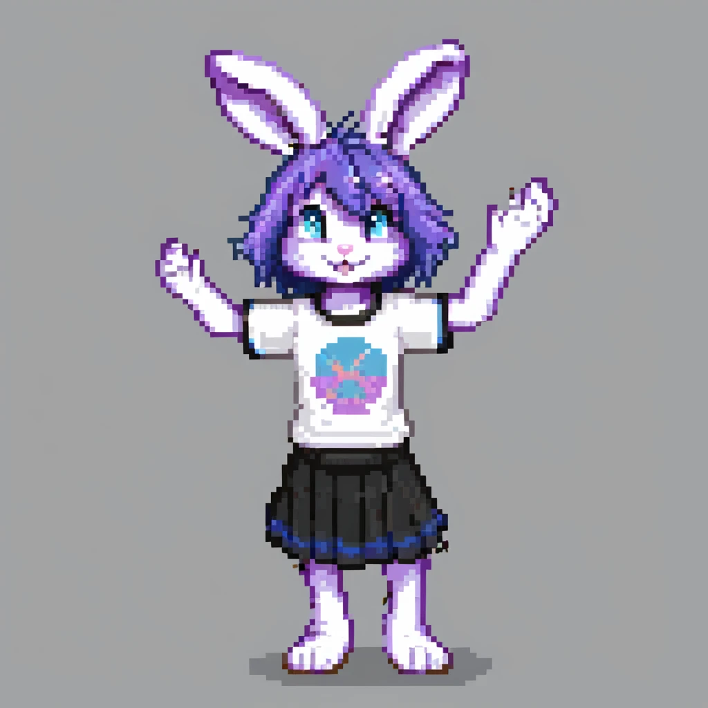 furry anthro male bunny with purple hair, blue eyes, purple and white fur, t-shirt and skirt, pixel art style, waving emoji
