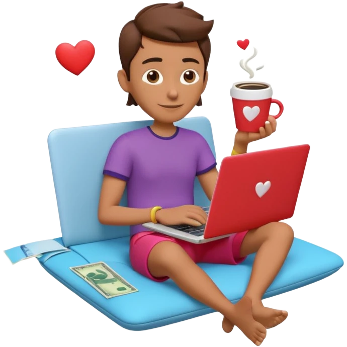 3D clay character relaxed with laptop and coffee, floating icons (envelope, heart, dollar), colofrful outfit, floating icons, white laptop, Pixar style, transparent background emoji