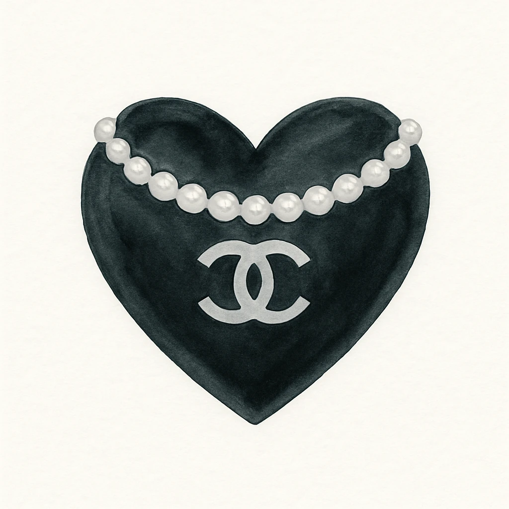 glossy black heart with a string of pearls around it, featuring a silver Chanel logo in the center, elegant, black and white color scheme, watercolor art style emoji