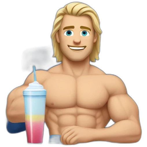 Man with shoulder length dark blonde hair and blue eyes with muscles sitting in front of computer and a protein shake emoji