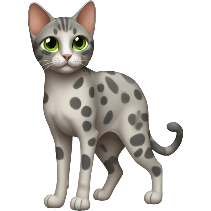 Short-haired oriental cat , full body , grey coat with spots , green eyes , terracotta nuzzle emoji