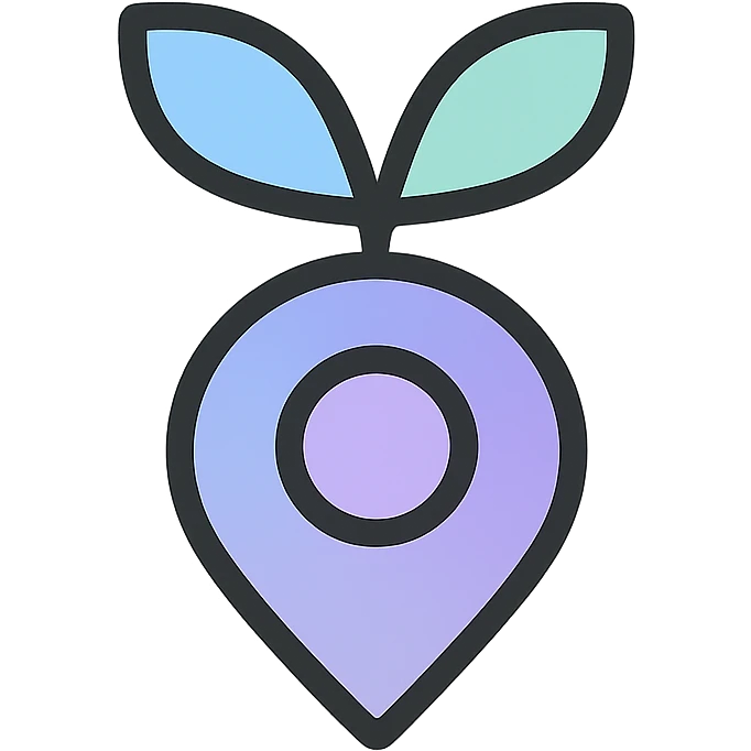 nutrition navigator icon Nora, abstract friendly symbol resembling sprout or leaf emerging from map marker, smooth gradient of light blue, light purple, and light gray, no human face or limbs emoji