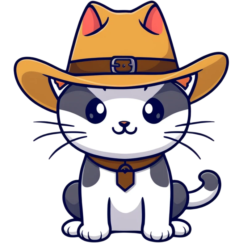 cat wearing a cowboy hat, cartoonish sticker style emoji