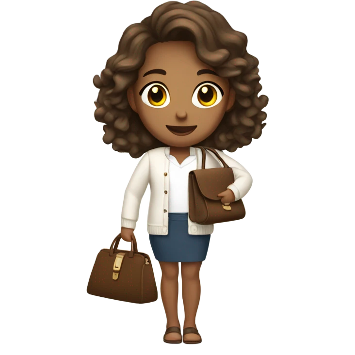 tan skin girl with brown slightly wavy hair, wearing a white cardigan and holding a purse emoji