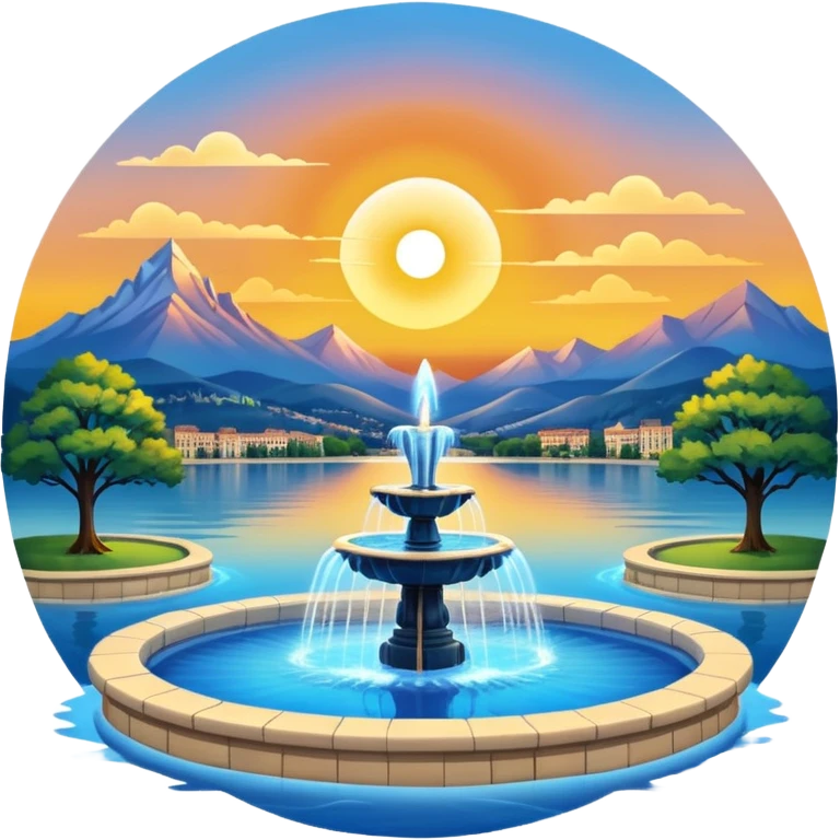 Please generate an image of a sunrise illuminating a lake with a huge fountain like that in the Geneva lake and some mountains in the background. emoji