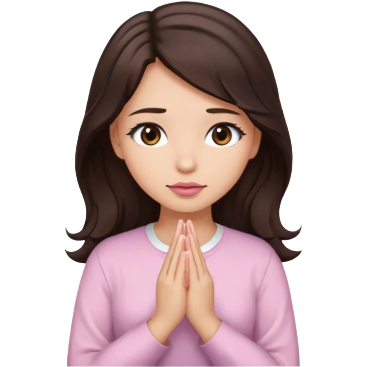 girl with wavy long glamorous dark brown hair, brown eyes, light to medium complexion, long lashes, light pink lipstick, praying, wearing light pink shirt emoji