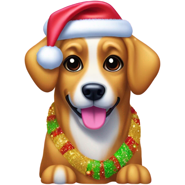Lisa frank Christmas sparkle￼ dog with Santa hat emoji