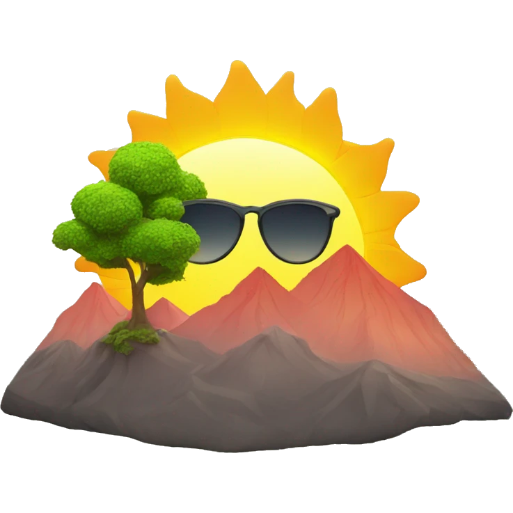 Sun with a sunglass, trees & mountain  emoji