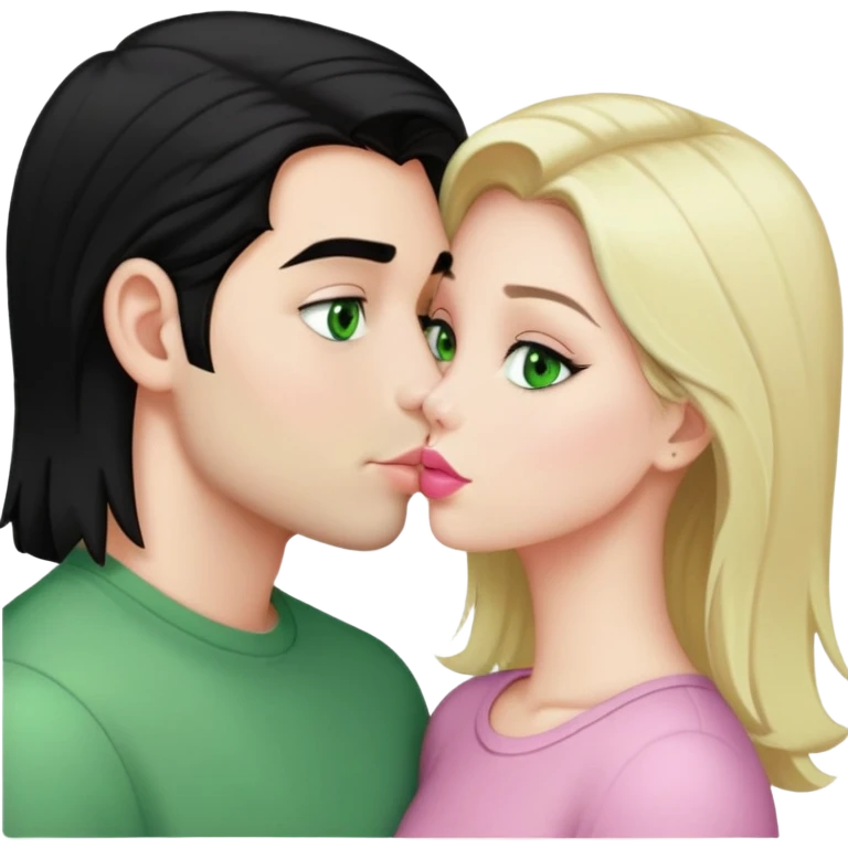 A blonde girl with fair skin and green eyes and light pink lips a guy with black hair and fair skin and green eyes are kissing emoji