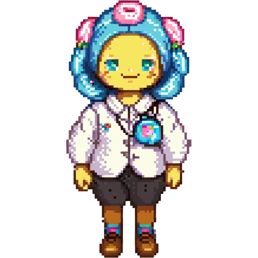 A whimsical candy-themed baker standing in a pastel pink confectionery lab. The walls are made of bubblegum bricks, the countertops shimmer like strawberry frosting, and the air sparkles with powdered sugar mist. The baker is extravagantly adorned: licorice swirls as shoul emoji
