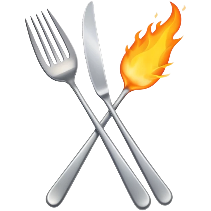 burning spoon fork and knife crossed together, kitchen utensils on fire with flames emoji