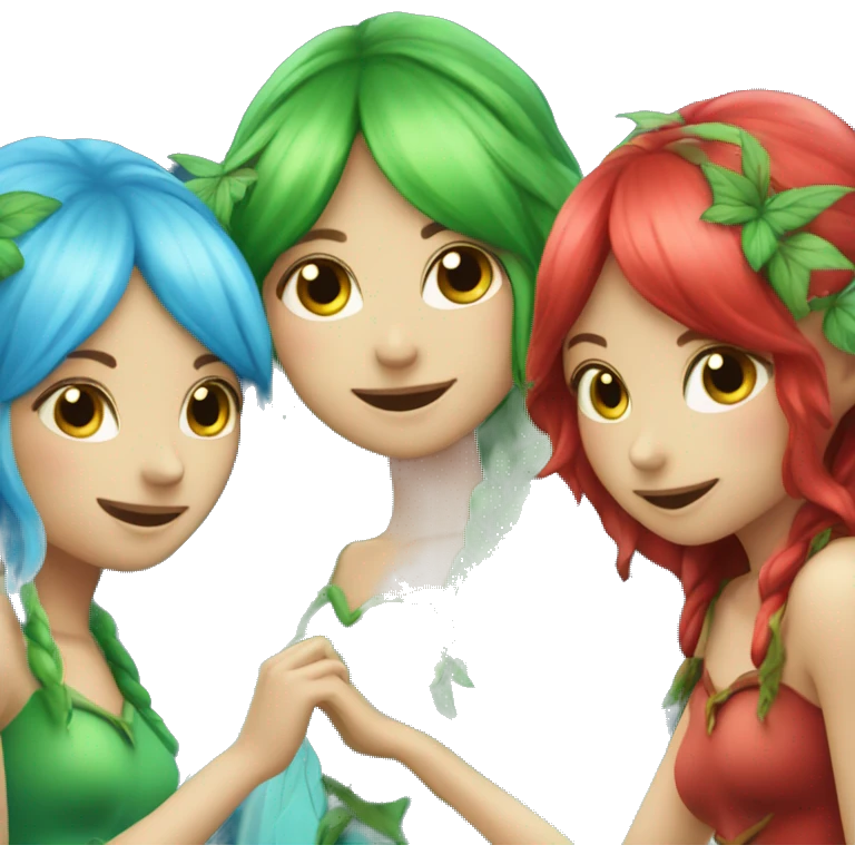 Three fairies blue green and red emoji